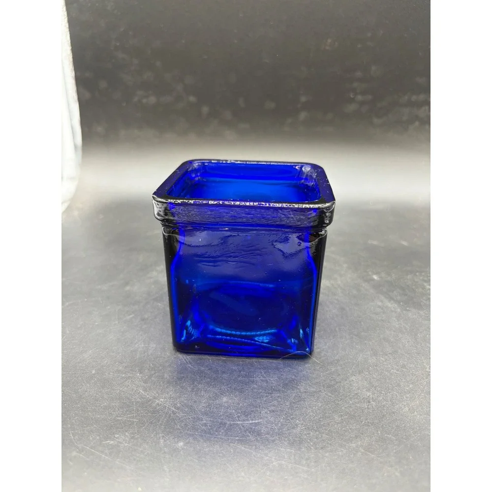 Cobalt Blue Glass Square Votive Candle Holder Textured Rim Decorative Mini Vase